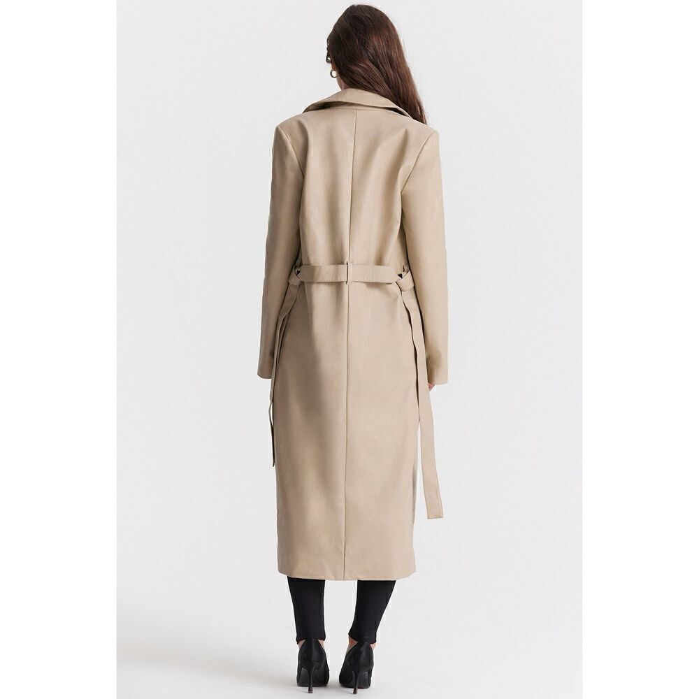 House of CB Ariel Beige Belted Vegan Leather Trench Coat Small NWOT - Picture 5 of 11
